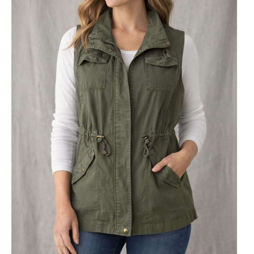Sebby Olive Utility Cargo Vest Cotton Drawstring Safari Military Jacket L